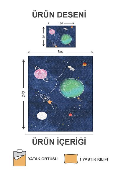 Doruklar Home Collection Set cuvertură de pat pentru copii cu model Space - catifea căptușită din bumbac matlasat