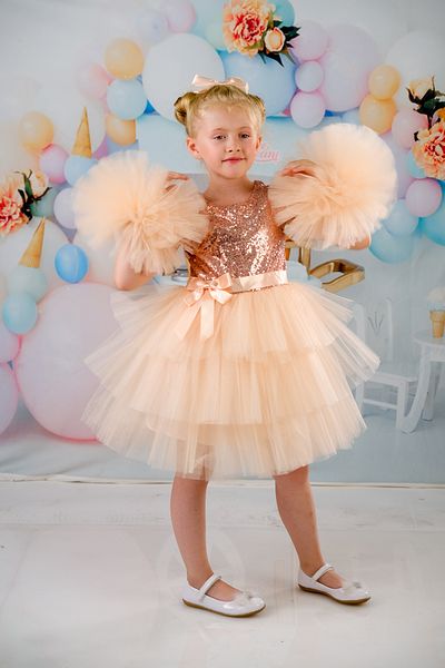 DAFİTO KİDS Rochie de seara cu maneci pompon somon Rochie de zi de nastere pentru fata
