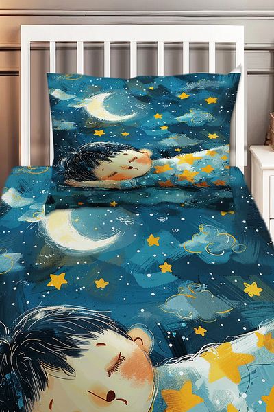 Else Dekor Blue Yellow Moon Sleeping Child Patterned Boy's Single Decorative Bedspread with Pillowcase