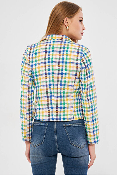 armonika Jachetă de damă, albastru-galben, cu guler dublu, din tweed, crop ARM-24K 001014