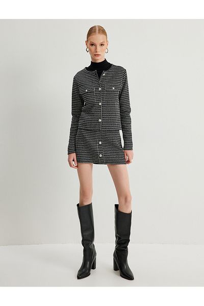 Koton Fusta mini din tweed cu talie standard cu detaliu nasturi