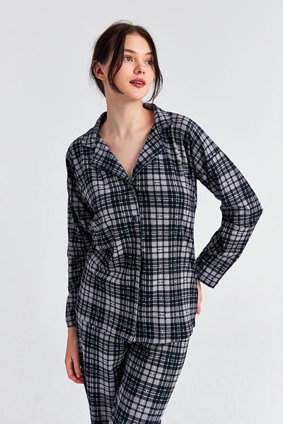 Ecrou Set de pijamale pentru femei, gri negru, cu model în carouri, cu mânecă lungă, cu guler pentru bebeluși
