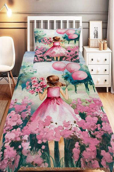 Else Dekor Pink Balloon Princess Girl Patterned Children's Single Decorative Bedspread with Pillowcase