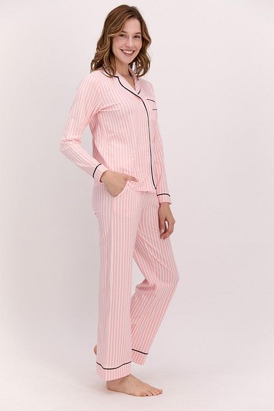 Pierre Cardin Pink Women's Pajama Set, White Striped Pajama Set, Seasonal Long Sleeve Shirt Pajama