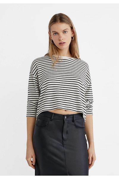 Tam12den Home Pulover crop cu mânecă lungă cu dungi alb-negru pentru femei