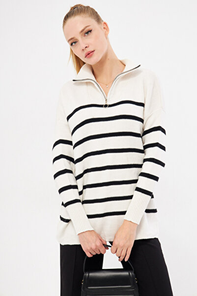 armonika Women's Ecru Zipper Detailed Striped Knitwear Sweater Arm-25K 069007