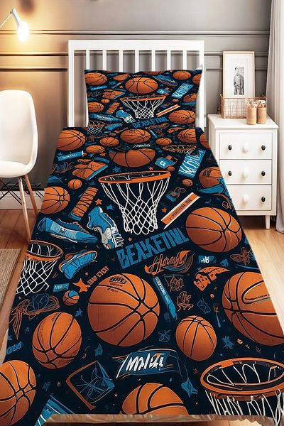 Else Dekor Basketball Balls Patterned Boys' Single Decorative Bedspread with Pillowcase