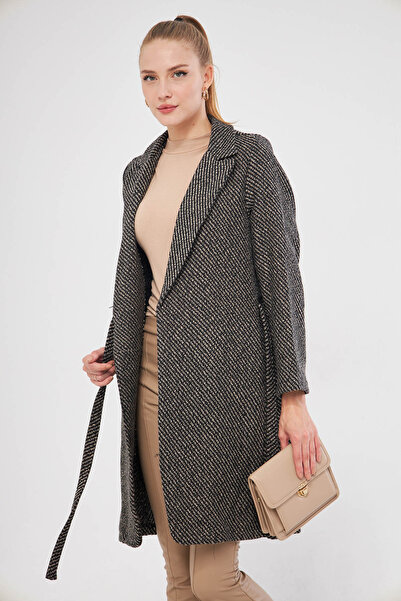 armonika Παλτό με ριγέ βιζόν - Πλαϊνό δέσιμο και τσέπες, μακριά κοπή ARM-25K ...