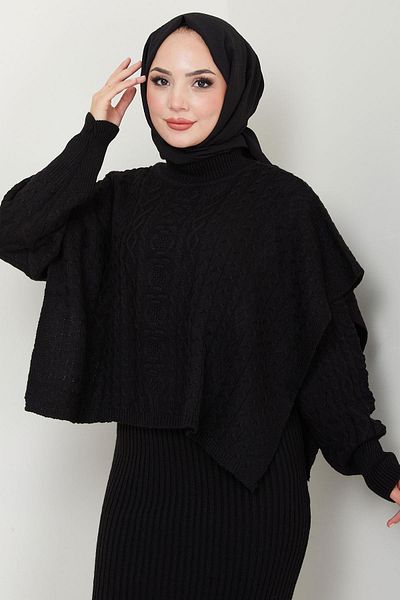 hafsamina Black Knitwear Poncho Dress Set - Hm2564