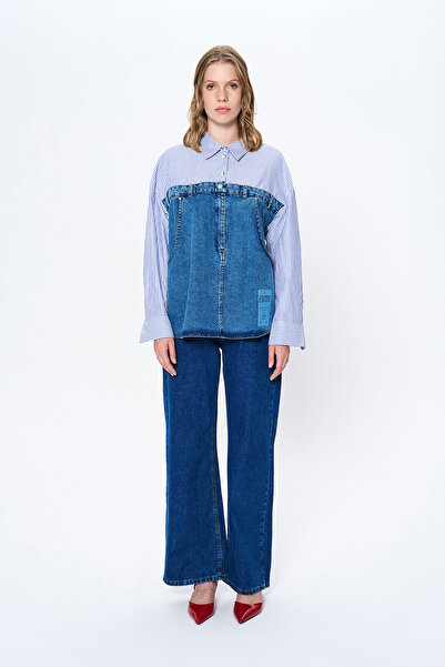 Quzu Çizgi Detaylı Denim Gömlek Mavi