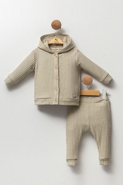 Cassiope Soft Corded Textured Baby Girl and Boy Set - Hooded and Front Buttoned