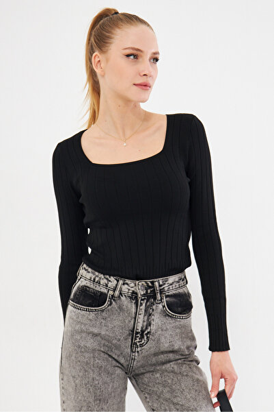 armonika Women's Black Square Collar Lycra Knitwear Blouse Arm-25K 069006