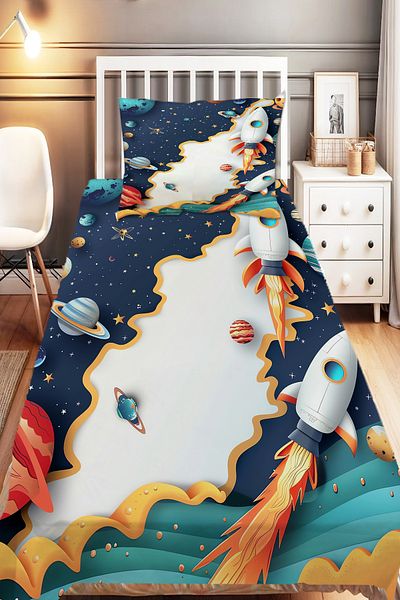 Else Dekor Spaceship Galaxy Patterned Boy's Single Decorative Bedspread with Pillowcase