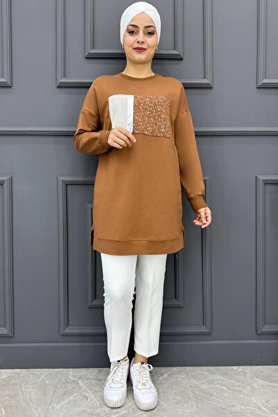 MYSTİL Kadın File ve Desen  Detaylı Tesettür Tunik MDE24K00335-084-TABA