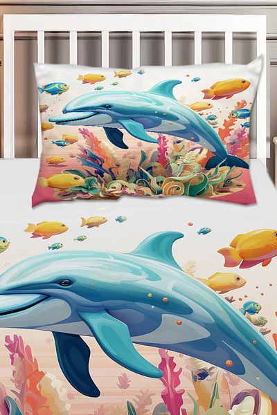 Else Dekor Sea Patterned Fishes Dolphin Single Decorative Bedspread for Girl