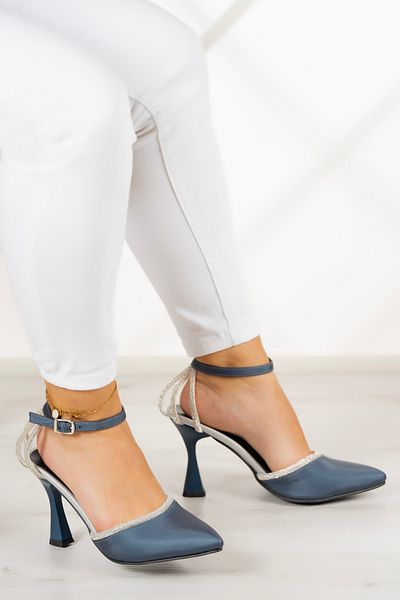 Erkan Saçmacı Βραδινό φόρεμα Martina Navy Blue Satin Stone Λεπτομερή παπούτσια - 9 cm