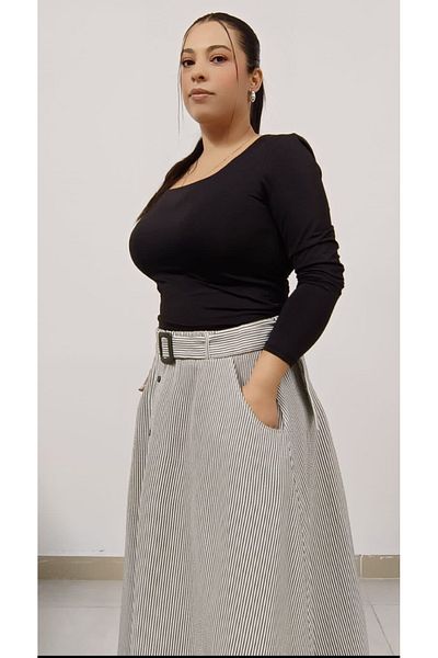 AKŞEN GİYİM Large Size Cotton Linen Striped Button Model Belted Midi Skirt