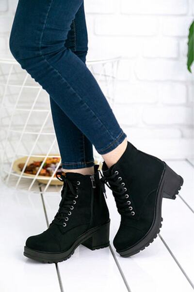 LEYDİ SHOES Linda Bağcıklı Yandan Fermuarlı Bayan Bot Siyah Süet