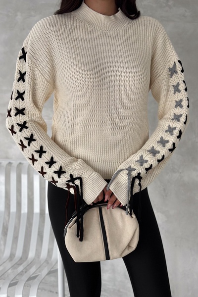 FEMELLE Women's Beige Standard Size Turtleneck Sleeve Knit Detailed Knitwear Sweater