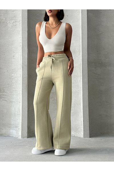 Cappmoda EŞF-09087 Χακί γρασίδι ελαστική μέση με τρεις κλωστές Palazzo αθλητική φόρμα