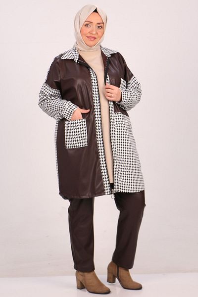 Eslina 37045 Plus Size Δερμάτινο Σετ Παντελόνι - Houndstooth, Καφέ
