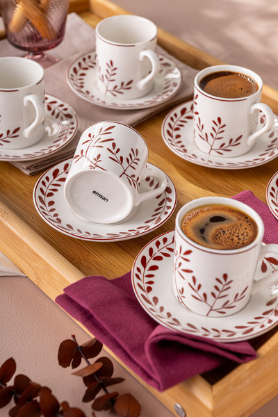 Emsan Ivy Wreath New Bone - Coffee and Burgundy Cup Set for 6 People, 90 ml