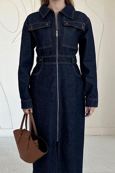 Elbee Fashion Woman Denim Dress with Waistband