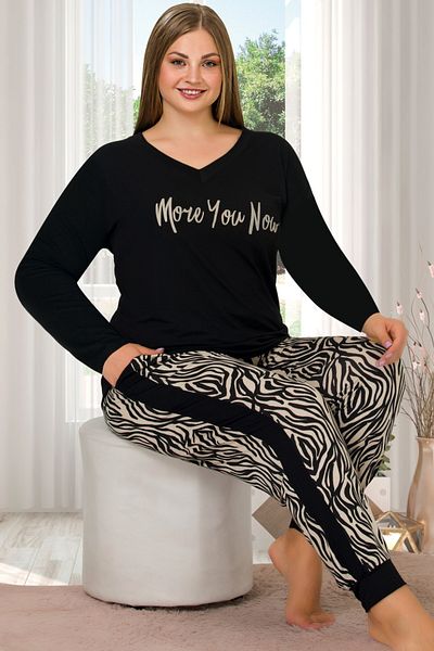 Jenny Daphne Soft Viscose Pajama Set - Zebra Pattern, Long Sleeve, V-Neck, Bottom Striped 11397