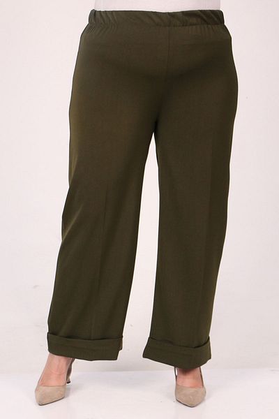 Eslina 39022 Large Size Elastic Waist Double Leg Trousers - Khaki