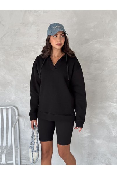 gozdefashion Women's V-Neck Hooded Sweatshirt