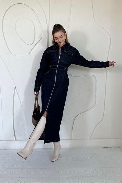 Elbee Fashion Woman Denim Dress with Waistband