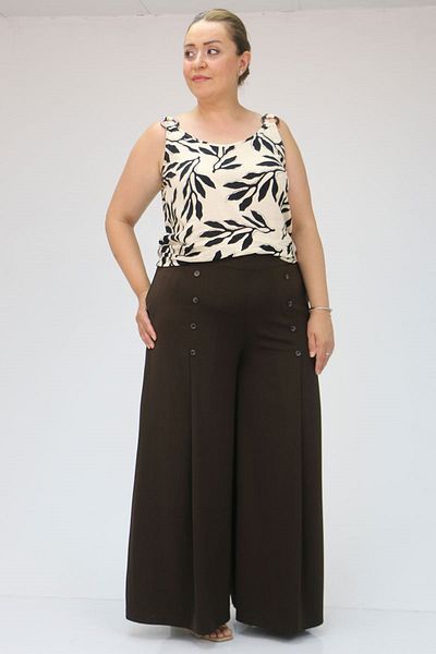 Eslina 49009 Plus Size Aspen Trousers - Brown, Button Detailed