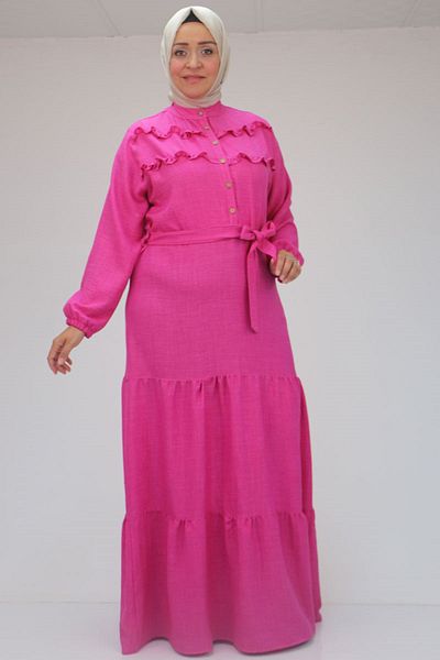 Eslina 32033 Φούξια Λινό Φόρεμα - Plus Size, με βολάν και ζώνη