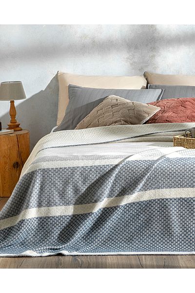 English Home Navy Blue-Grey Triple Stripe Scotch Double Blanket