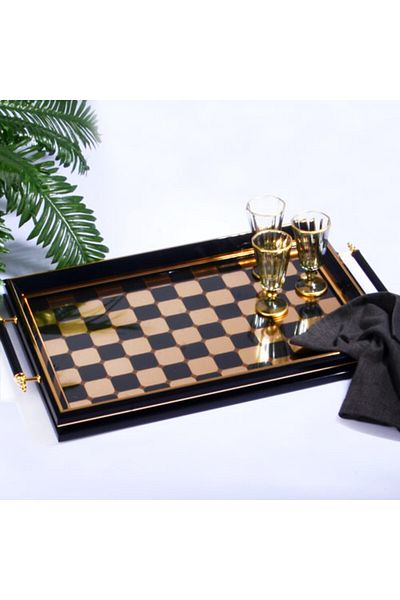 Kosova Rectangular Tray with Lux Handles - Black/Gold Sa-117