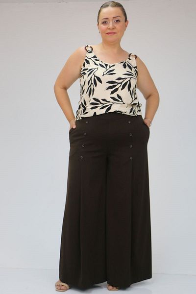 Eslina 49009 Plus Size Aspen Trousers - Brown, Button Detailed