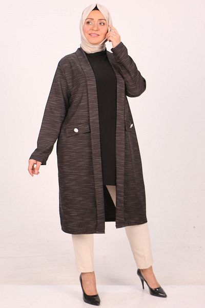 eslamood 33047-1 Μαύρο μακρύ μπουφάν Plus Size - Σπασμένο, υφαντό ύφασμα