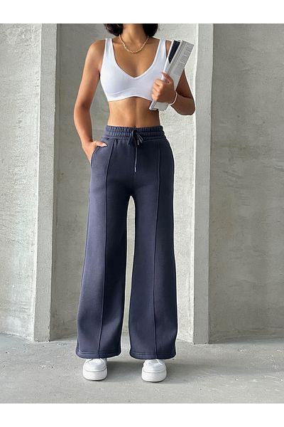 Cappmoda EŞF-09087 Φούτερ Palazzo με ελαστική μέση με τρεις κλωστές καπνιστή γρασίδι