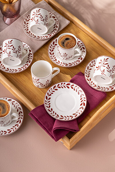Emsan Ivy Wreath New Bone - Coffee and Burgundy Cup Set for 6 People, 90 ml
