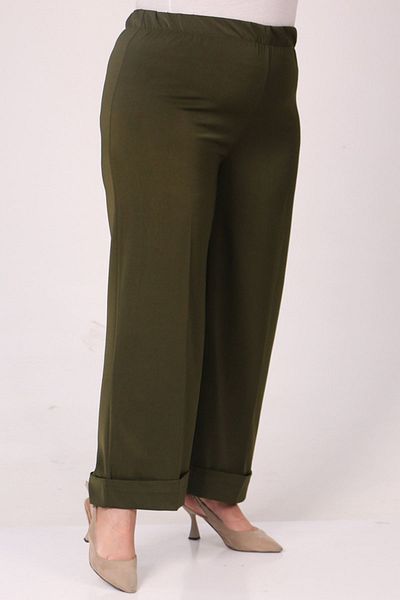 Eslina 39022 Large Size Elastic Waist Double Leg Trousers - Khaki