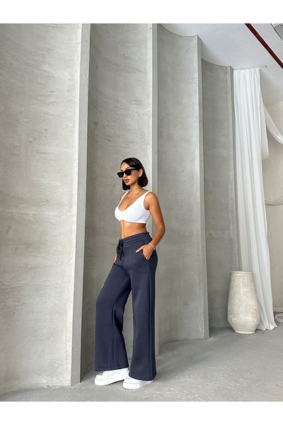 Cappmoda EŞF-09087 Φούτερ Palazzo με ελαστική μέση με τρεις κλωστές καπνιστή γρασίδι