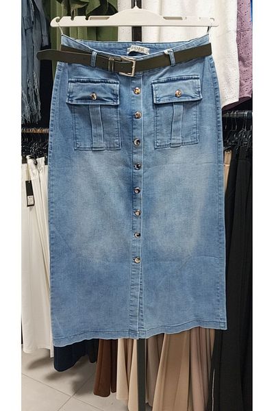 AKŞEN GİYİM Plus Size Women's - JewelleD Denim, Lycra Pocket DeTail, Zimba ButtoneD Long Denim Skirt