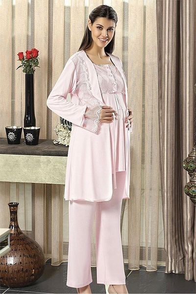 CT MODA Women's Powder Lace Special Design Cotton Combed Maternity Maternity Dressing Gown Pajama Set