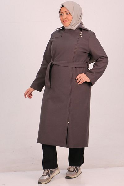 Eslina 33112 Plus Size Side Zippered Cashmere Coat-Grey