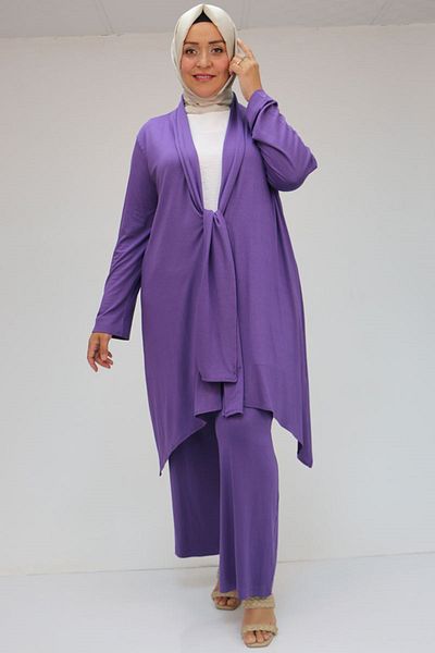 Eslina 47211 Large Size Front Tied Trousers Set - Lilac