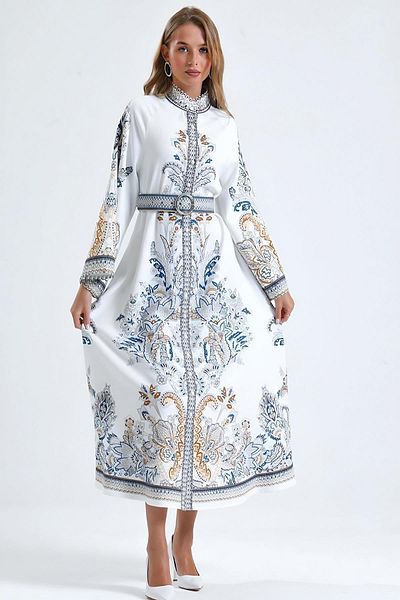 mekanhomeworks White Shawl Print Dress Mkn2034