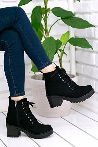 LEYDİ SHOES Linda Bağcıklı Yandan Fermuarlı Bayan Bot Siyah Süet