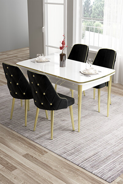 Canisa Tia Serisi 80x132 Açılabilir Mdf Mutfak Masası Takımı Beyaz Masa Gold ...