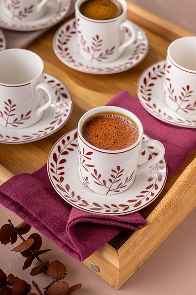 Emsan Ivy Wreath New Bone - Coffee and Burgundy Cup Set for 6 People, 90 ml