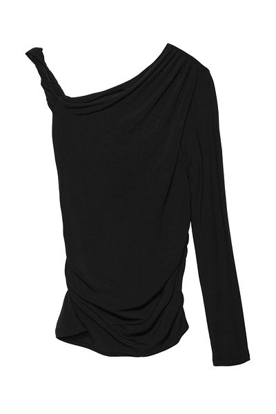 Quzu Drawstring Shoulder Single Sleeve Draped Blouse Black